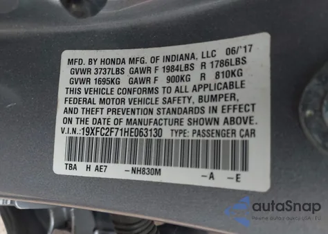 2017 Honda Civic Ex z USA, uszkodzony, nr VIN 19XFC2F71HE063130